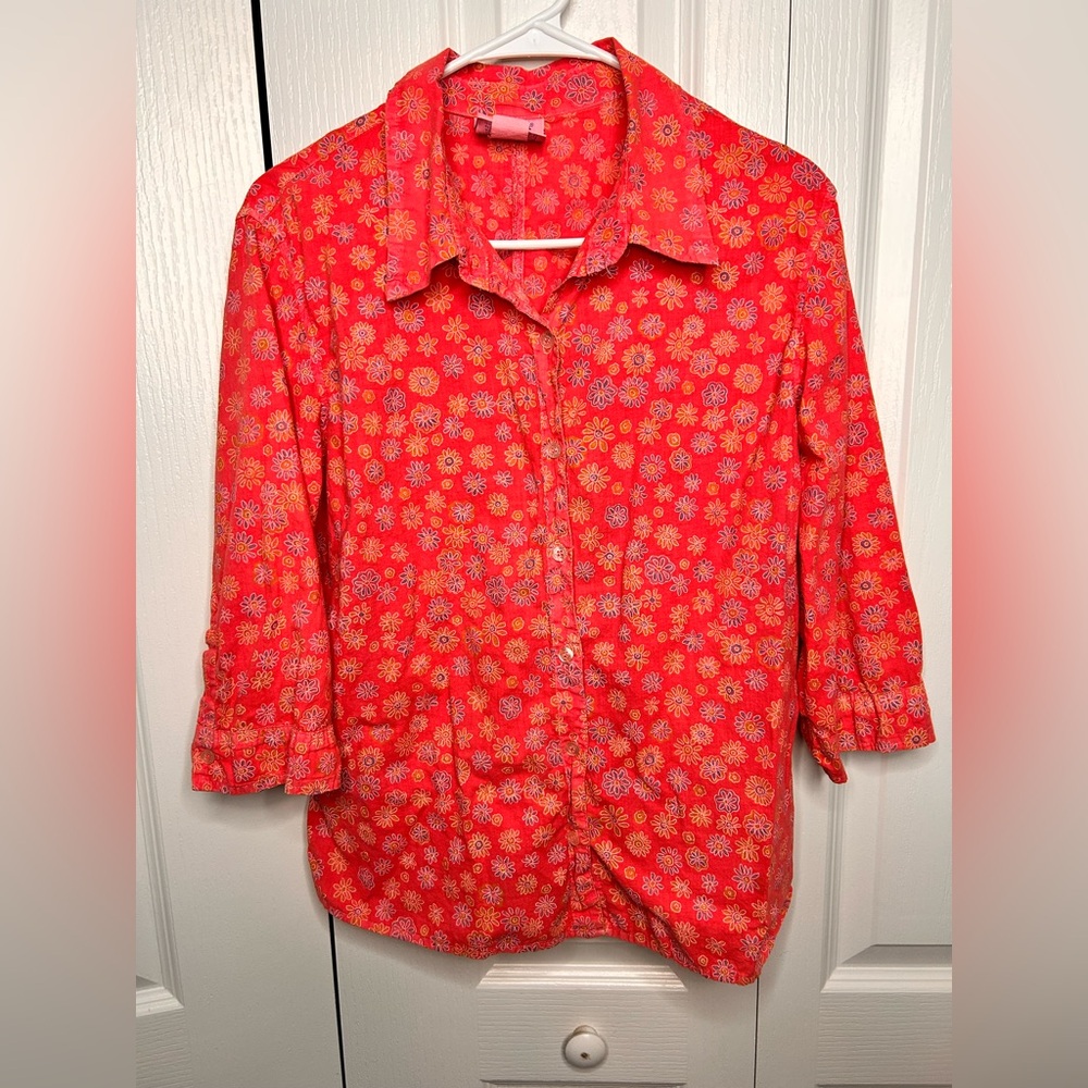 The Fresh Produce Women’s Floral Red Pink Collared Button‎ Down Top L Flaw